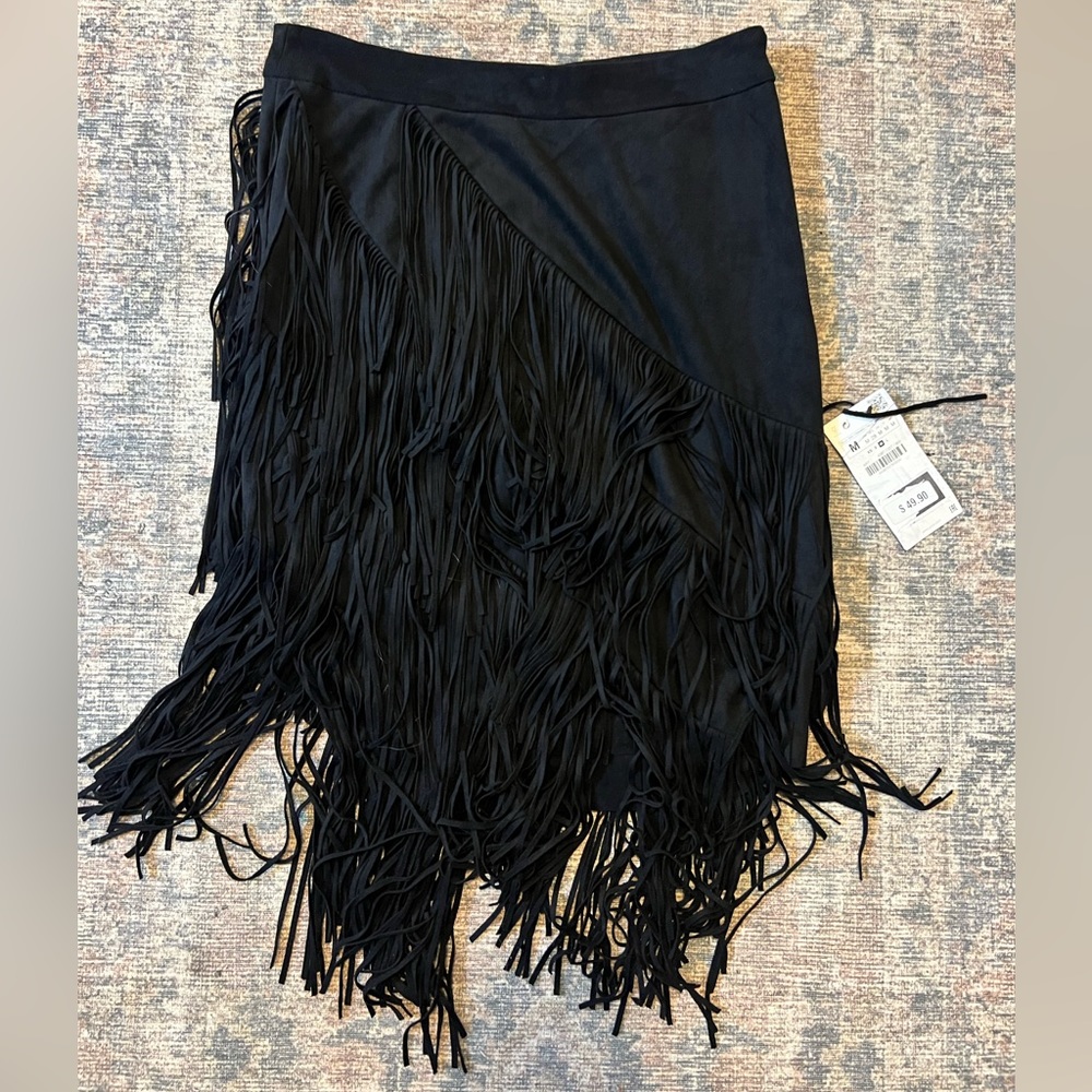 Zara black suede fringe skirt size medium. NWT